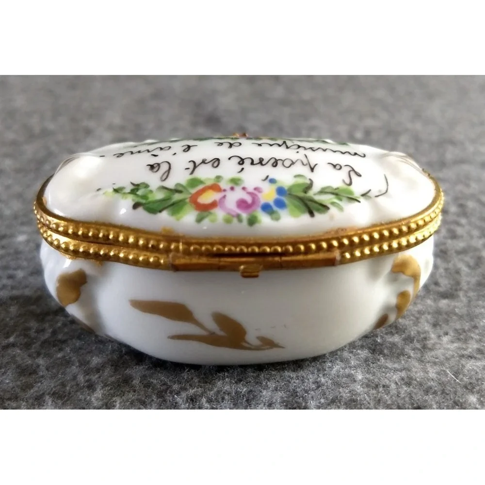 Hand Painted Floral Trinket Box Limoges?? Signed Quote on Top Made in France